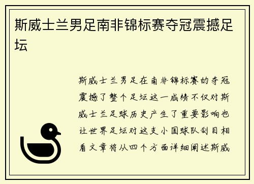 斯威士兰男足南非锦标赛夺冠震撼足坛