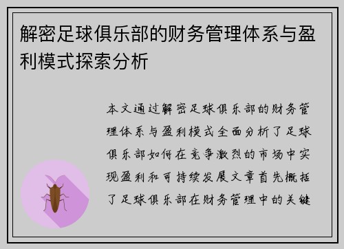 解密足球俱乐部的财务管理体系与盈利模式探索分析